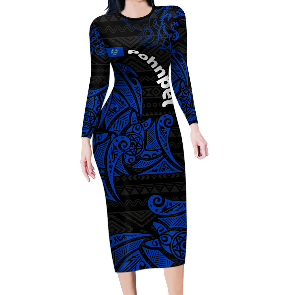 Pohnpei Federated States Of Micronesia Family Matching Long Sleeve Bodycon Dress and Hawaiian Shirt Polynesian Tribal Heritage Art With Blue Island Tattoo Patterns TS04 Mom's Dress Black Blue - Polynesian Pride