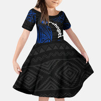 Pohnpei Federated States Of Micronesia Family Matching Off The Shoulder Long Sleeve Dress and Hawaiian Shirt Polynesian Tribal Heritage Art With Blue Island Tattoo Patterns TS04 Daughter's Dress Black Blue - Polynesian Pride