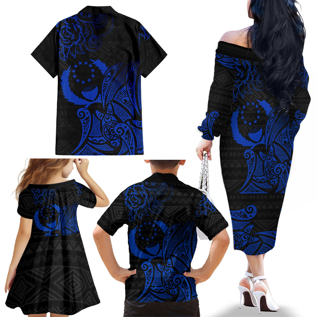 Pohnpei Federated States Of Micronesia Family Matching Off The Shoulder Long Sleeve Dress and Hawaiian Shirt Polynesian Tribal Heritage Art With Blue Island Tattoo Patterns TS04 - Polynesian Pride