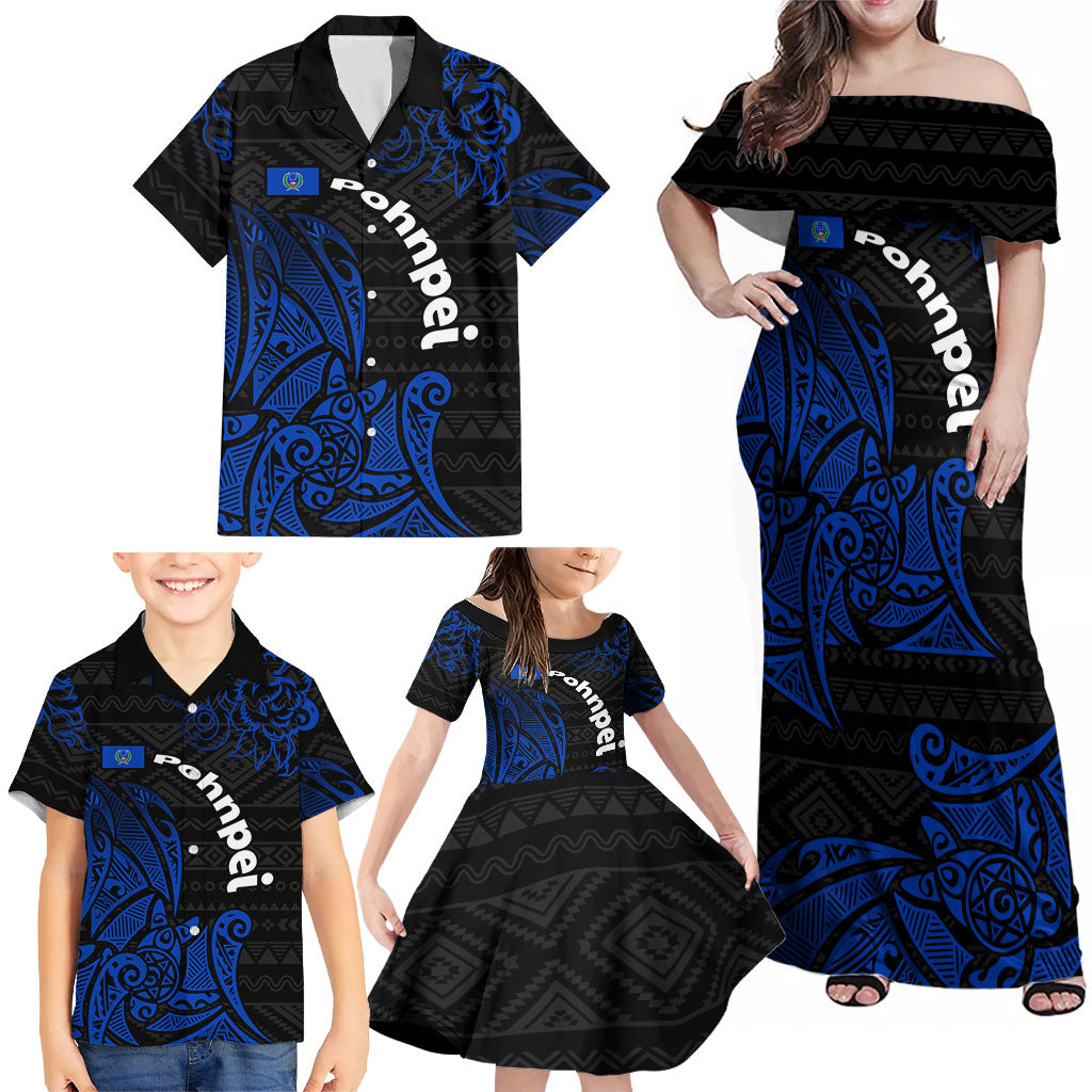 Pohnpei Federated States Of Micronesia Family Matching Off Shoulder Maxi Dress and Hawaiian Shirt Polynesian Tribal Heritage Art With Blue Island Tattoo Patterns TS04 - Polynesian Pride