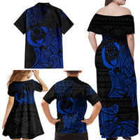 Pohnpei Federated States Of Micronesia Family Matching Off Shoulder Maxi Dress and Hawaiian Shirt Polynesian Tribal Heritage Art With Blue Island Tattoo Patterns TS04 - Polynesian Pride