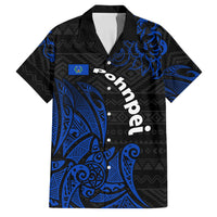 Pohnpei Federated States Of Micronesia Family Matching Off Shoulder Maxi Dress and Hawaiian Shirt Polynesian Tribal Heritage Art With Blue Island Tattoo Patterns TS04 Dad's Shirt - Short Sleeve Black Blue - Polynesian Pride