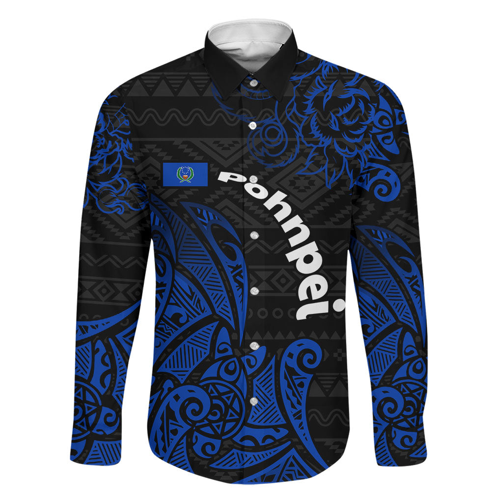 Pohnpei Federated States Of Micronesia Family Matching Off Shoulder Maxi Dress and Hawaiian Shirt Polynesian Tribal Heritage Art With Blue Island Tattoo Patterns TS04 Dad's Shirt - Long Sleeve Black Blue - Polynesian Pride