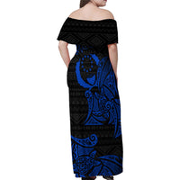 Pohnpei Federated States Of Micronesia Family Matching Off Shoulder Maxi Dress and Hawaiian Shirt Polynesian Tribal Heritage Art With Blue Island Tattoo Patterns TS04 - Polynesian Pride