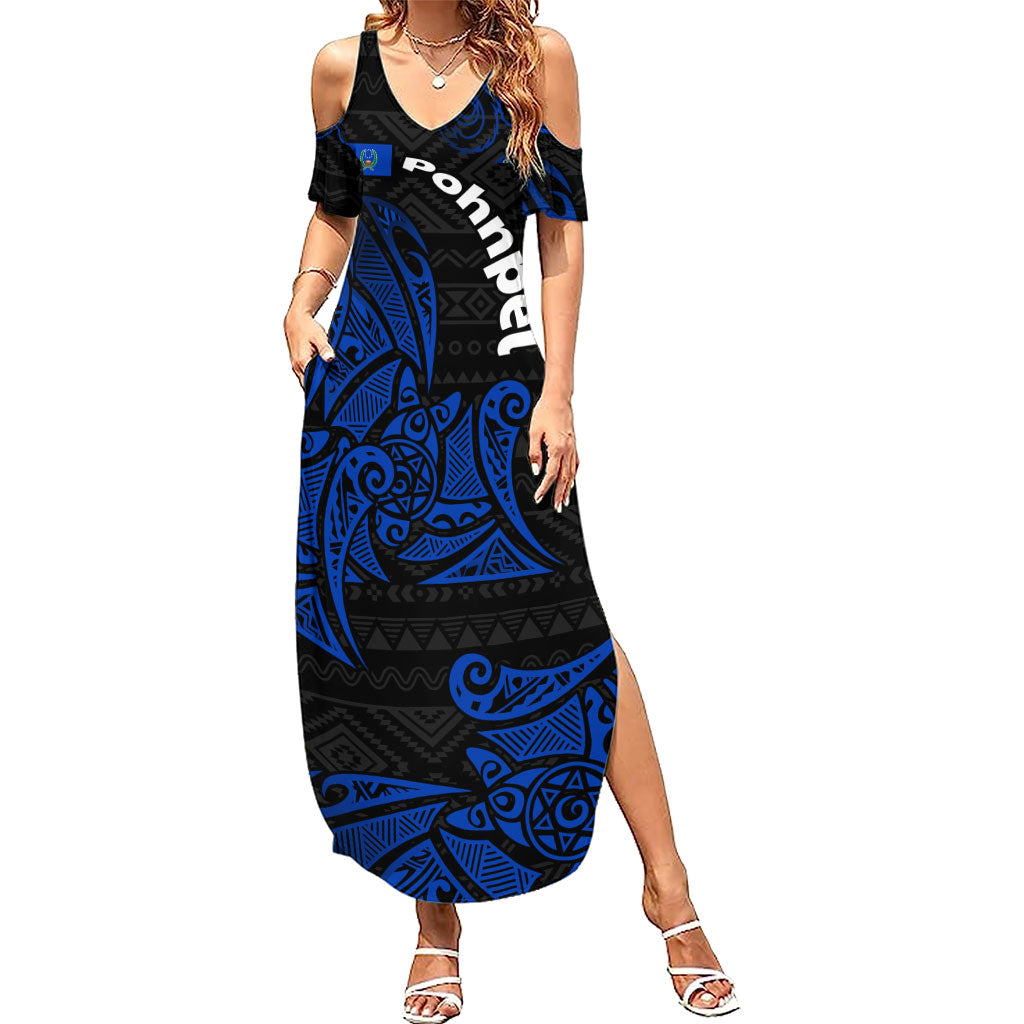Pohnpei Federated States Of Micronesia Family Matching Summer Maxi Dress and Hawaiian Shirt Polynesian Tribal Heritage Art With Blue Island Tattoo Patterns TS04 Mom's Dress Black Blue - Polynesian Pride
