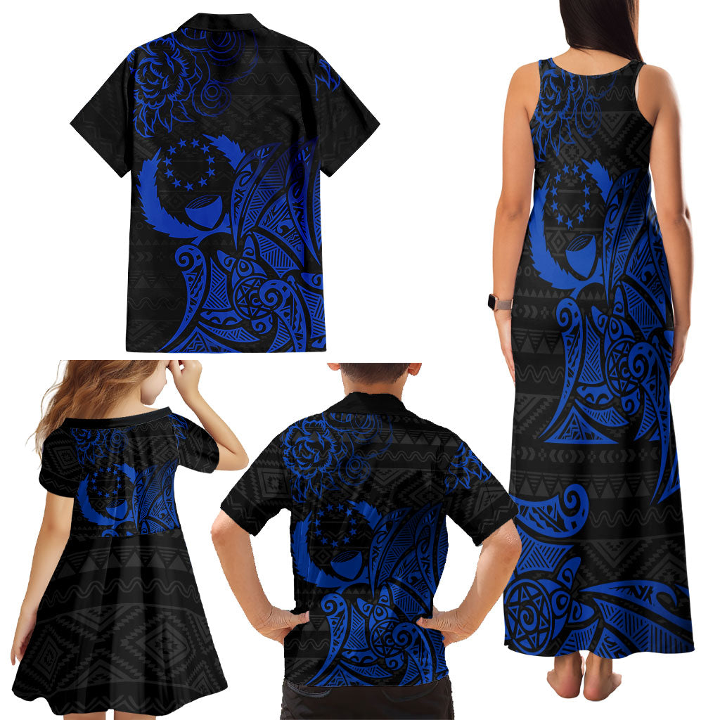 Pohnpei Federated States Of Micronesia Family Matching Tank Maxi Dress and Hawaiian Shirt Polynesian Tribal Heritage Art With Blue Island Tattoo Patterns