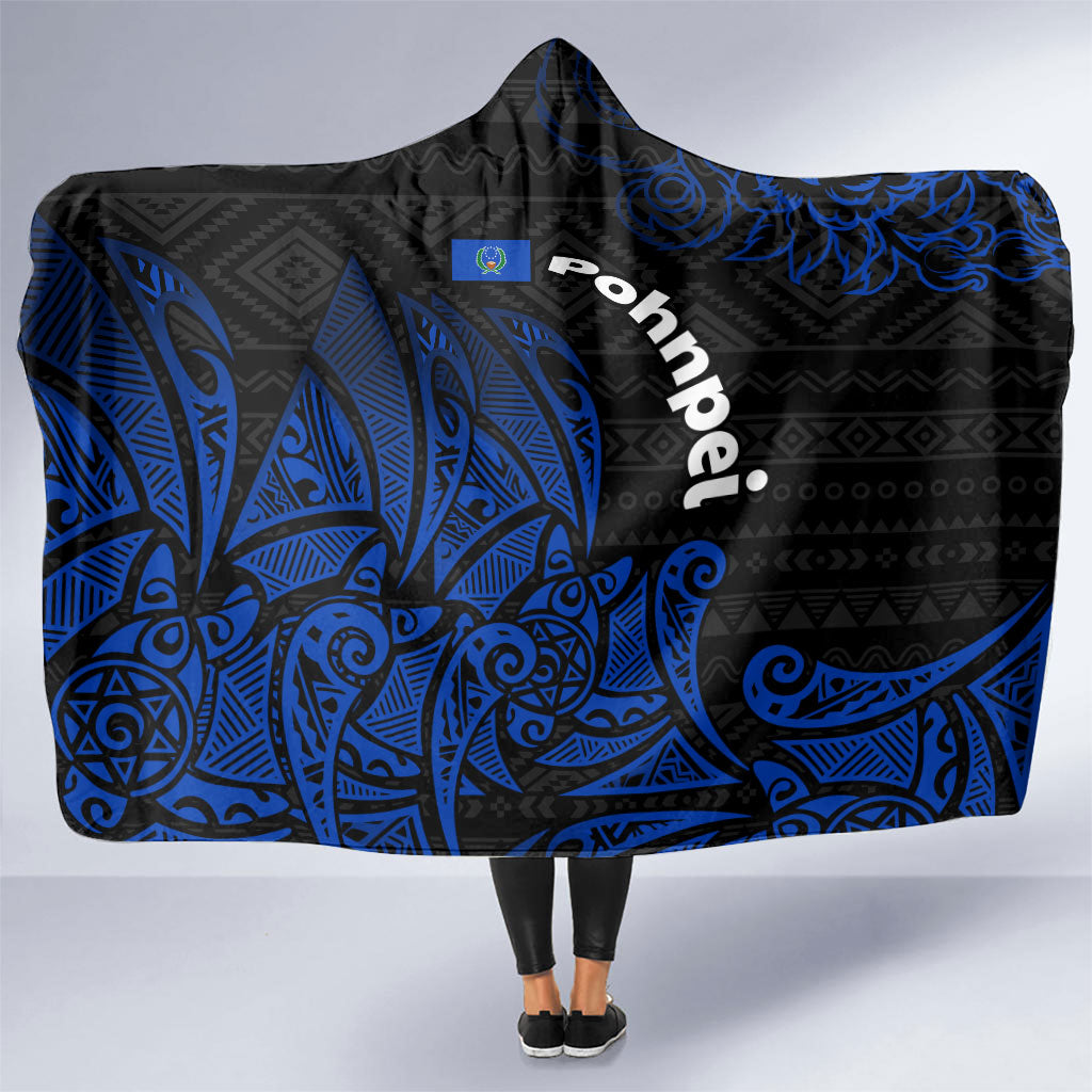 Pohnpei Federated States Of Micronesia Hooded Blanket Polynesian Tribal Heritage Art With Blue Island Tattoo Patterns TS04 One Size Black Blue - Polynesian Pride