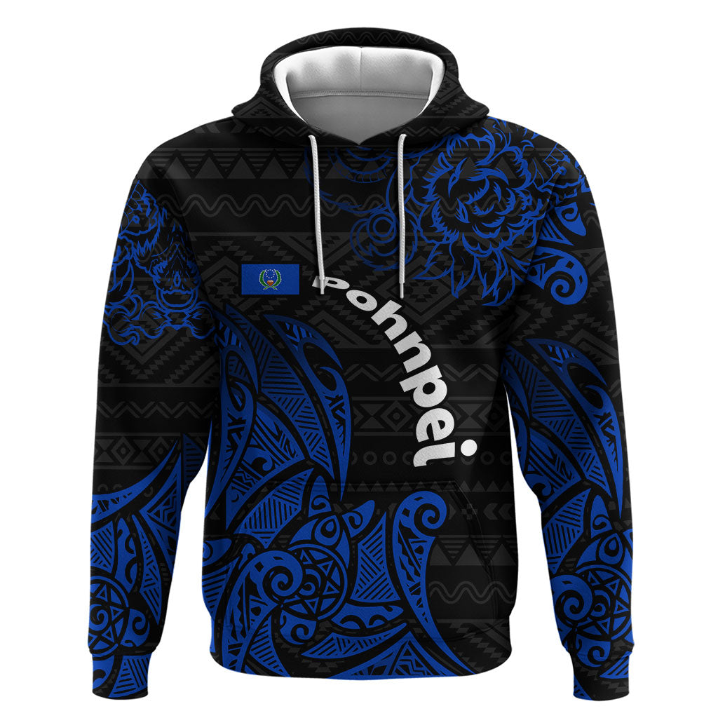 Pohnpei Federated States Of Micronesia Hoodie Polynesian Tribal Heritage Art With Blue Island Tattoo Patterns TS04 Pullover Hoodie Black Blue - Polynesian Pride