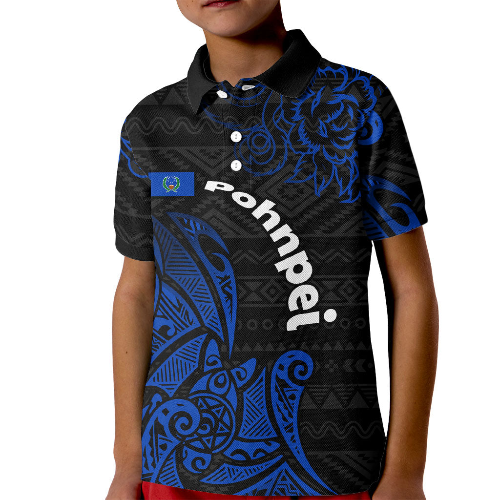 Pohnpei Federated States Of Micronesia Kid Polo Shirt Polynesian Tribal Heritage Art With Blue Island Tattoo Patterns TS04 Kid Black Blue - Polynesian Pride
