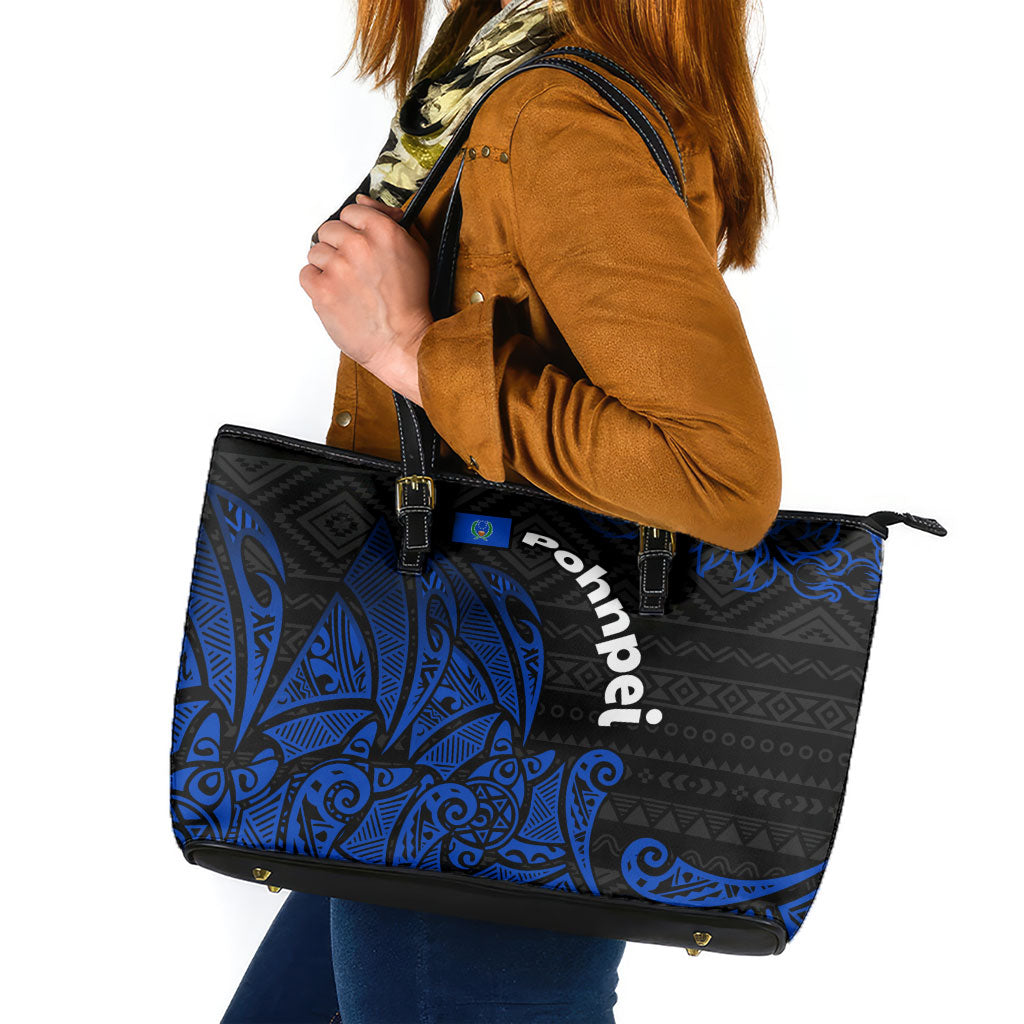 Pohnpei Federated States Of Micronesia Leather Tote Bag Polynesian Tribal Heritage Art With Blue Island Tattoo Patterns TS04 Black Blue - Polynesian Pride