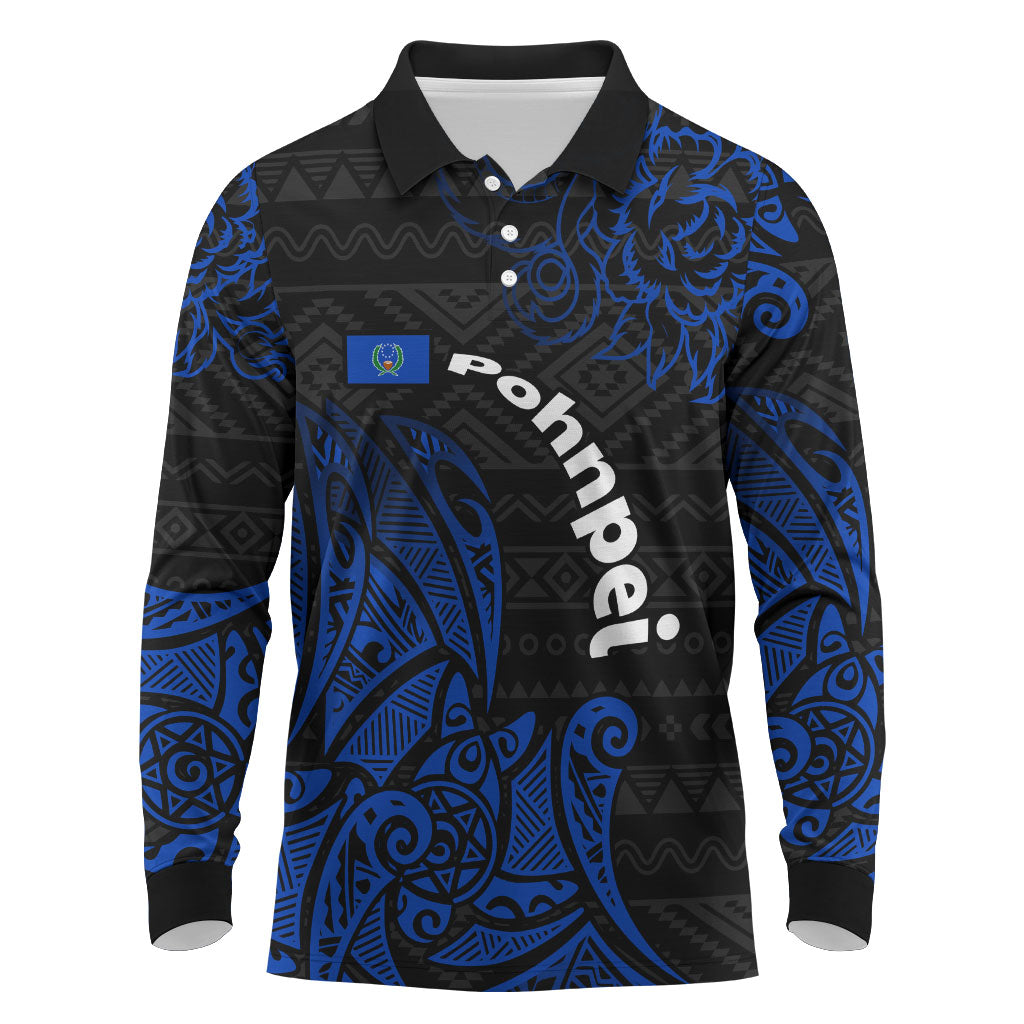 Pohnpei Federated States Of Micronesia Long Sleeve Polo Shirt Polynesian Tribal Heritage Art With Blue Island Tattoo Patterns TS04 Black Blue - Polynesian Pride