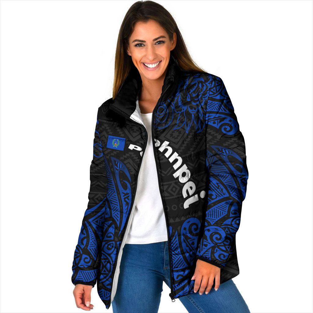 Pohnpei Federated States Of Micronesia Padded Jacket Polynesian Tribal Heritage Art With Blue Island Tattoo Patterns TS04 Women Black Blue - Polynesian Pride
