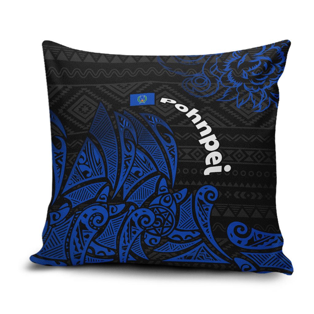 Pohnpei Federated States Of Micronesia Pillow Cover Polynesian Tribal Heritage Art With Blue Island Tattoo Patterns TS04 Black Blue - Polynesian Pride
