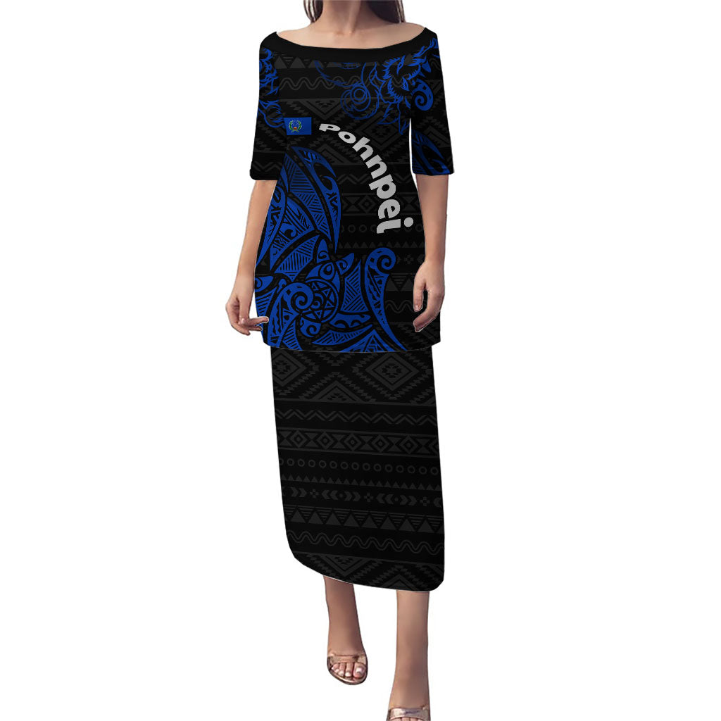 Pohnpei Federated States Of Micronesia Puletasi Polynesian Tribal Heritage Art With Blue Island Tattoo Patterns TS04 Long Dress Black Blue - Polynesian Pride