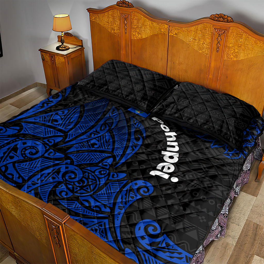 Pohnpei Federated States Of Micronesia Quilt Bed Set Polynesian Tribal Heritage Art With Blue Island Tattoo Patterns