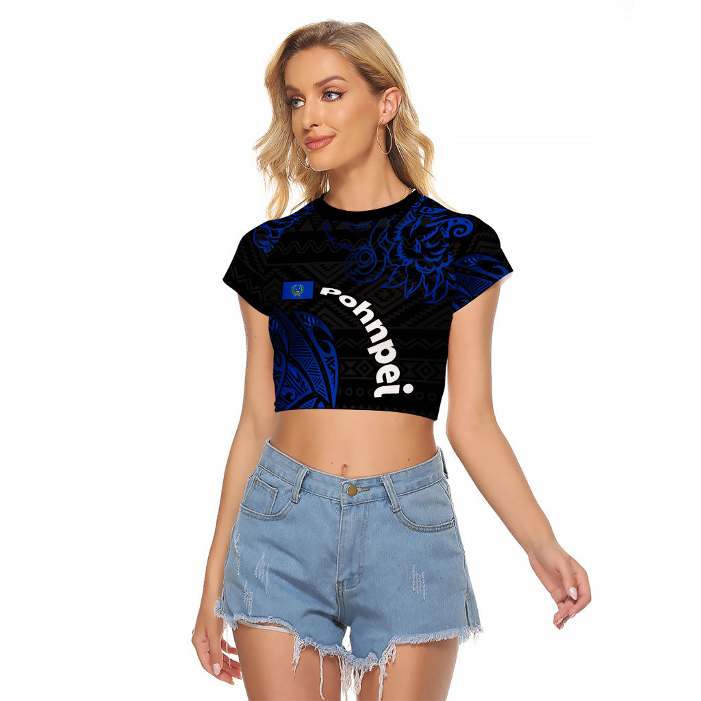 Pohnpei Federated States Of Micronesia Raglan Cropped T Shirt Polynesian Tribal Heritage Art With Blue Island Tattoo Patterns TS04 Female Black Blue - Polynesian Pride