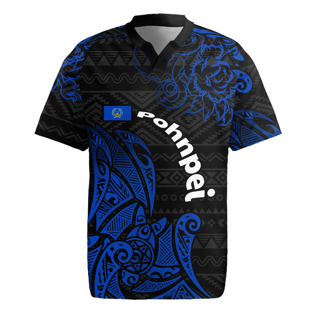 Pohnpei Federated States Of Micronesia Rugby Jersey Polynesian Tribal Heritage Art With Blue Island Tattoo Patterns TS04 Black Blue - Polynesian Pride