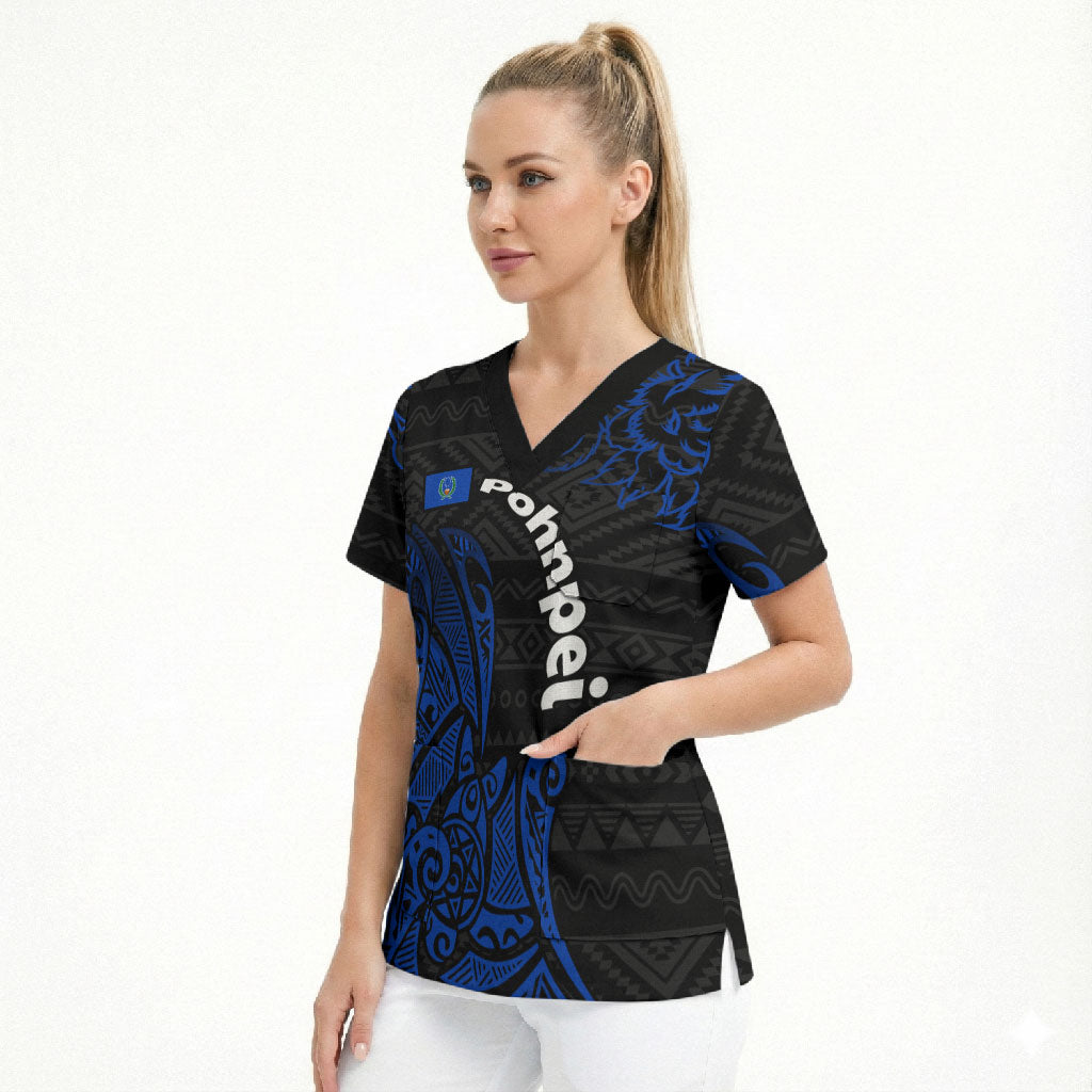 Pohnpei Federated States Of Micronesia Scrub Top Polynesian Tribal Heritage Art With Blue Island Tattoo Patterns TS04 - Polynesian Pride