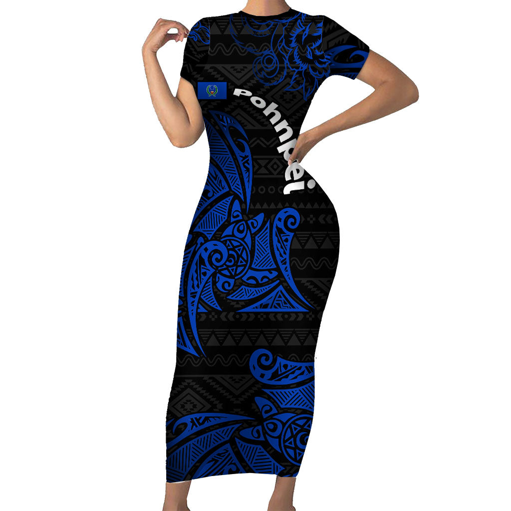 Pohnpei Federated States Of Micronesia Short Sleeve Bodycon Dress Polynesian Tribal Heritage Art With Blue Island Tattoo Patterns TS04 Long Dress Black Blue - Polynesian Pride