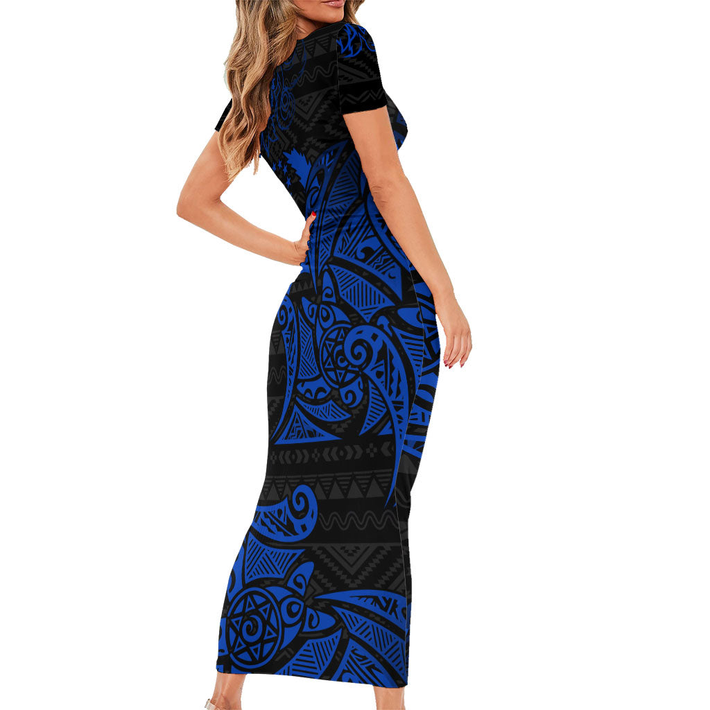Pohnpei Federated States Of Micronesia Short Sleeve Bodycon Dress Polynesian Tribal Heritage Art With Blue Island Tattoo Patterns