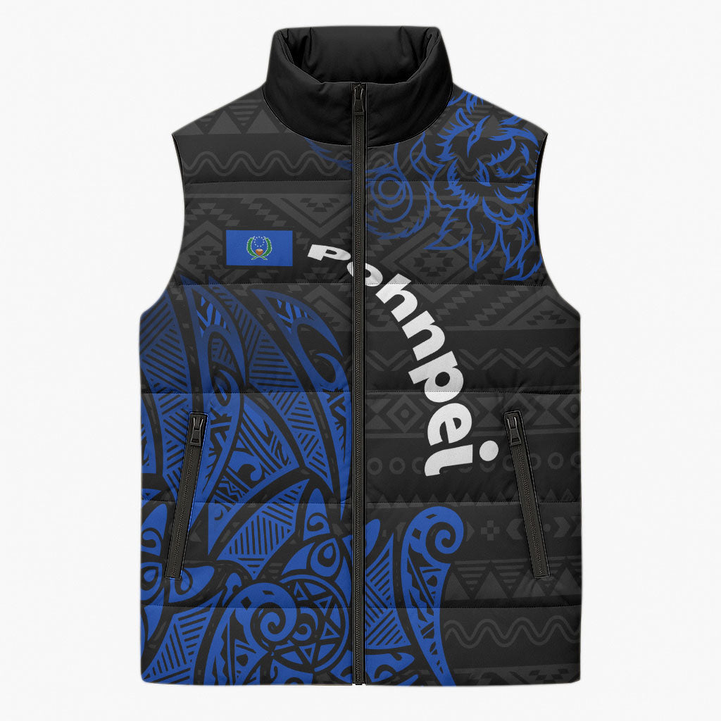 Pohnpei Federated States Of Micronesia Sleeveless Puffer Jacket Polynesian Tribal Heritage Art With Blue Island Tattoo Patterns TS04 Unisex Black Blue - Polynesian Pride