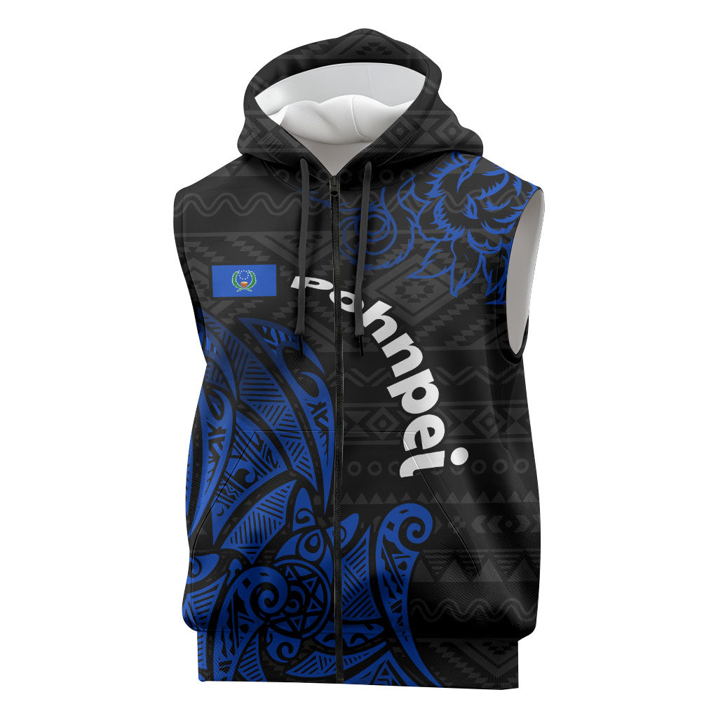 Pohnpei Federated States Of Micronesia Sleeveless Zip Hoodie Polynesian Tribal Heritage Art With Blue Island Tattoo Patterns TS04 Black Blue - Polynesian Pride