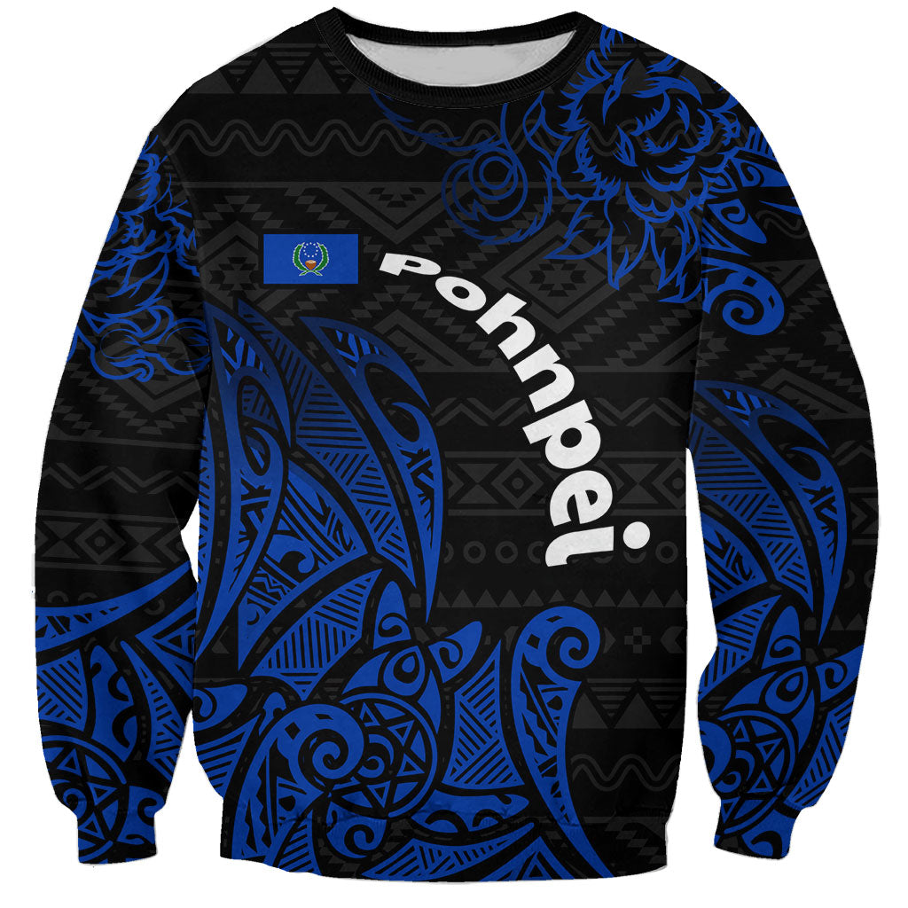 Pohnpei Federated States Of Micronesia Sweatshirt Polynesian Tribal Heritage Art With Blue Island Tattoo Patterns TS04 Unisex Black Blue - Polynesian Pride