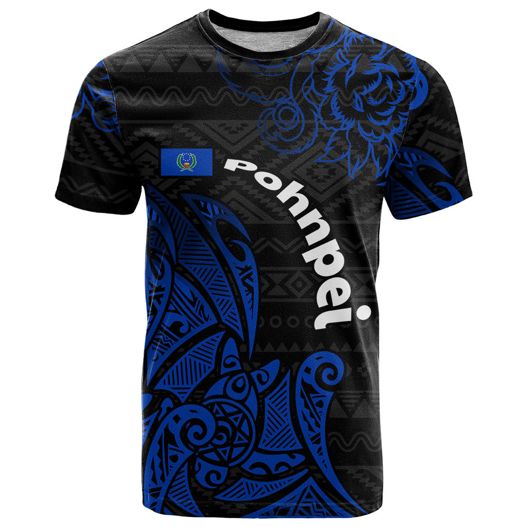 Pohnpei Federated States Of Micronesia T Shirt Polynesian Tribal Heritage Art With Blue Island Tattoo Patterns TS04 Black Blue - Polynesian Pride