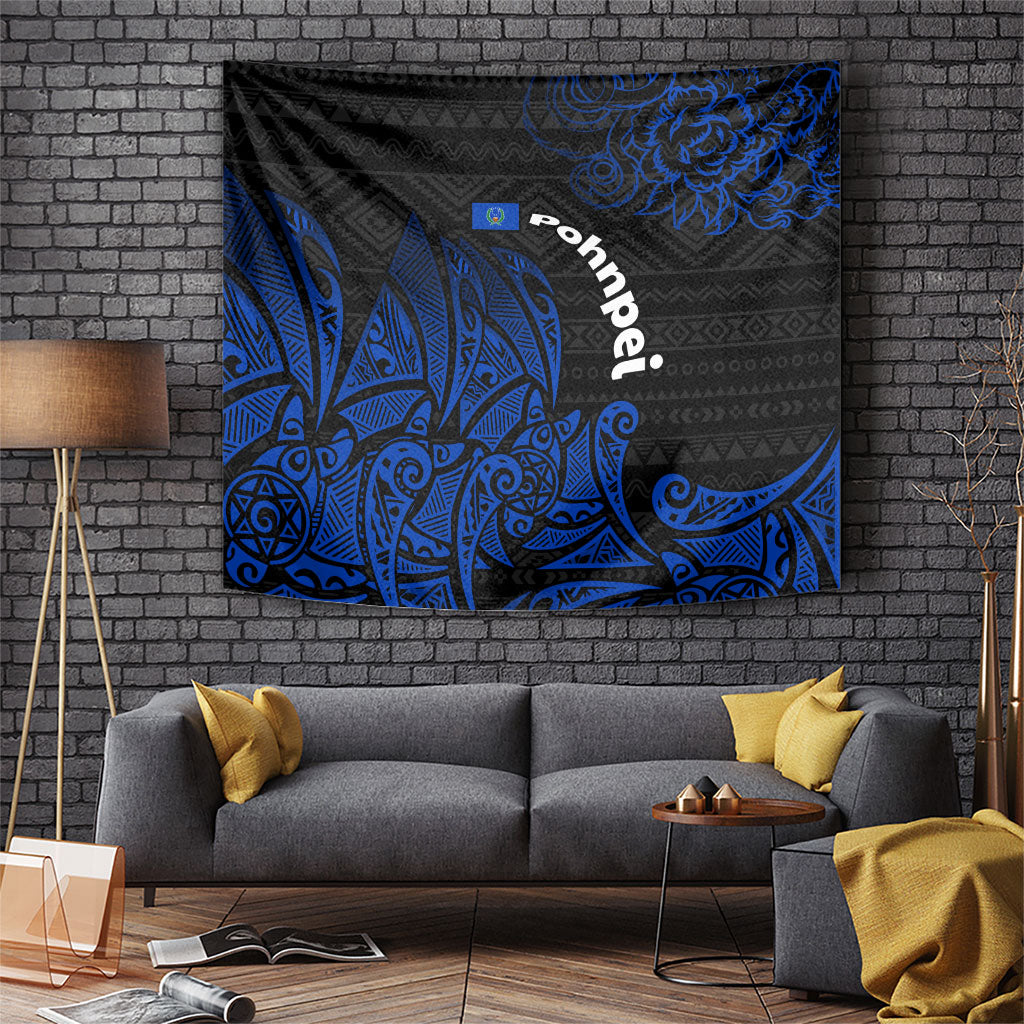 Pohnpei Federated States Of Micronesia Tapestry Polynesian Tribal Heritage Art With Blue Island Tattoo Patterns TS04 Black Blue - Polynesian Pride