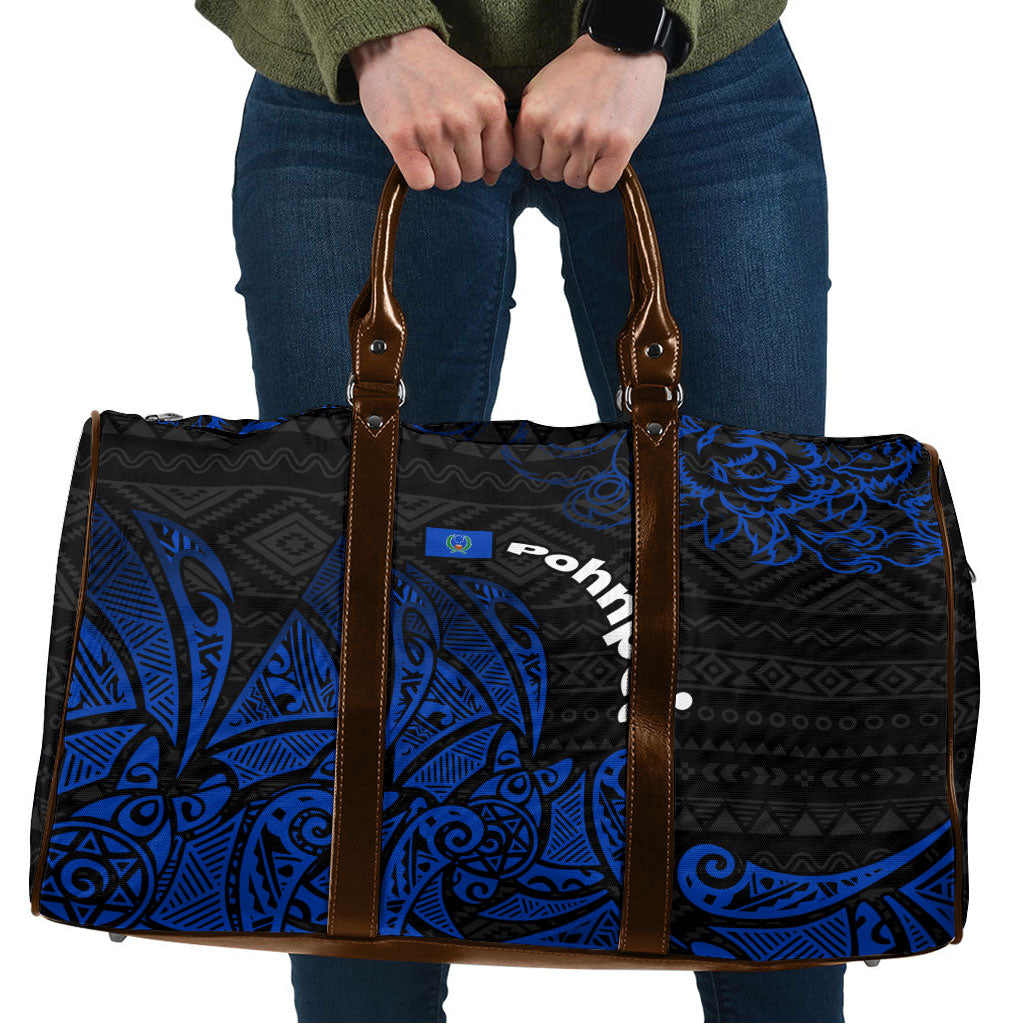 Pohnpei Federated States Of Micronesia Travel Bag Polynesian Tribal Heritage Art With Blue Island Tattoo Patterns TS04 Black Blue - Polynesian Pride