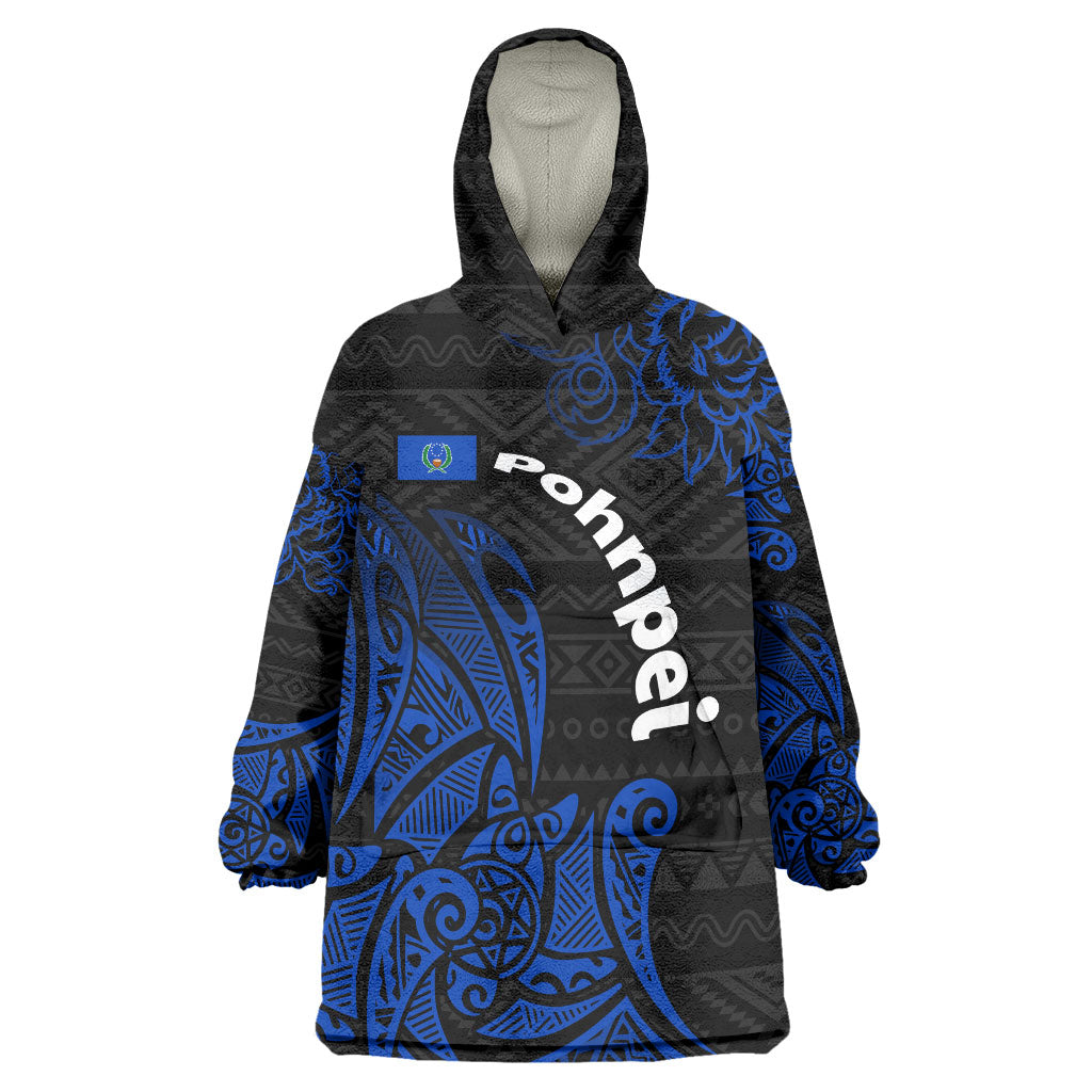 Pohnpei Federated States Of Micronesia Wearable Blanket Hoodie Polynesian Tribal Heritage Art With Blue Island Tattoo Patterns TS04 One Size Black Blue - Polynesian Pride