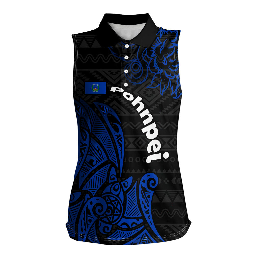 Pohnpei Federated States Of Micronesia Women Sleeveless Polo Shirt Polynesian Tribal Heritage Art With Blue Island Tattoo Patterns TS04 Female Black Blue - Polynesian Pride