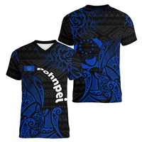 Pohnpei Federated States Of Micronesia Women V-Neck T-Shirt Polynesian Tribal Heritage Art With Blue Island Tattoo Patterns TS04 - Polynesian Pride