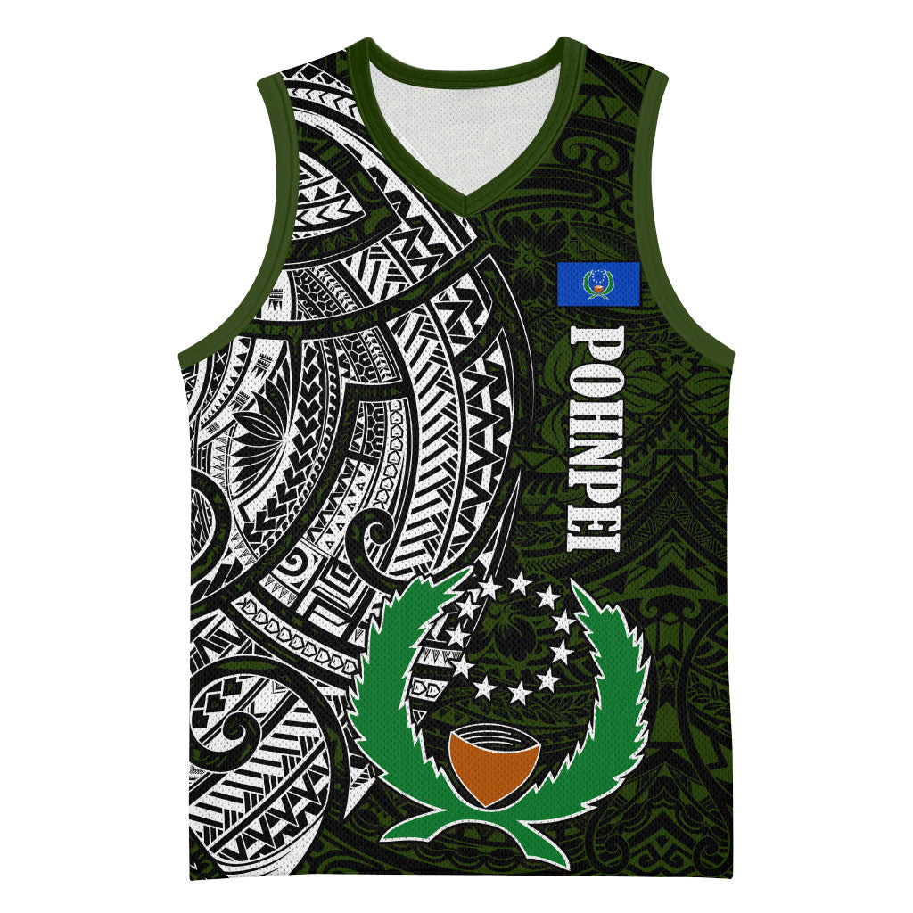 Pohnpei Federated States Of Micronesia Basketball Jersey Polynesian Tribal Heritage Art With Kaselehlie State Seal TS04 Unisex Green White - Polynesian Pride
