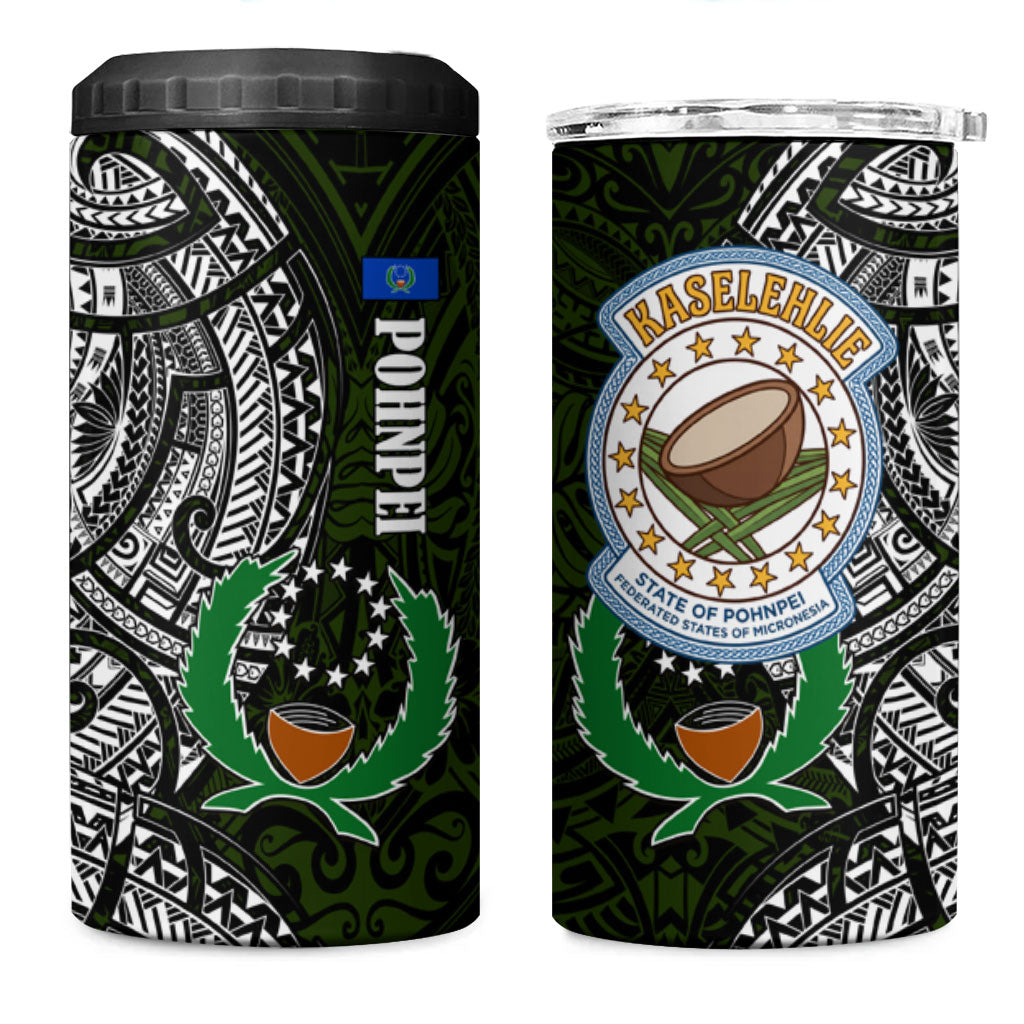 Pohnpei Federated States Of Micronesia 4 in 1 Can Cooler Tumbler Polynesian Tribal Heritage Art With Kaselehlie State Seal TS04 One Size: 16 oz Green White - Polynesian Pride
