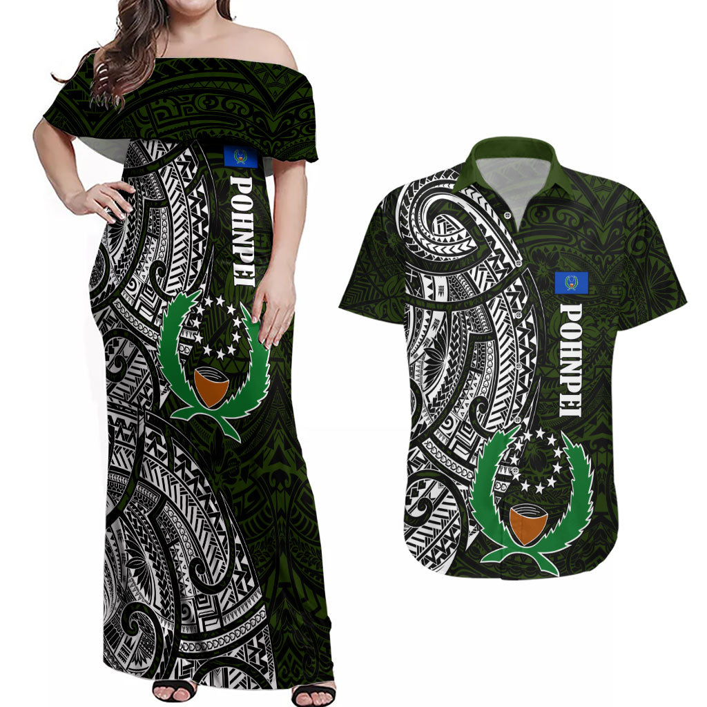 Pohnpei Federated States Of Micronesia Couples Matching Off Shoulder Maxi Dress and Hawaiian Shirt Polynesian Tribal Heritage Art With Kaselehlie State Seal TS04 Green White - Polynesian Pride