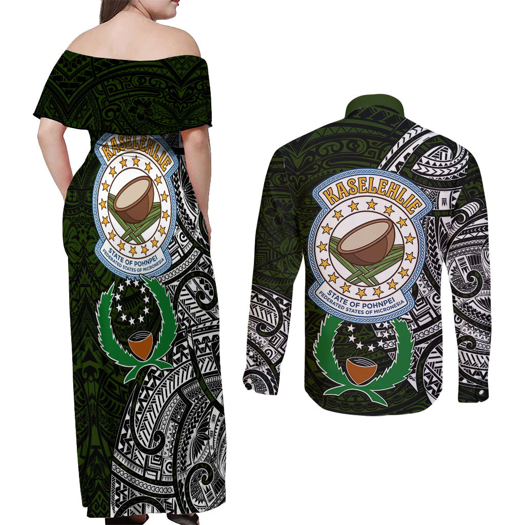 Pohnpei Federated States Of Micronesia Couples Matching Off Shoulder Maxi Dress and Long Sleeve Button Shirt Polynesian Tribal Heritage Art With Kaselehlie State Seal TS04 - Polynesian Pride