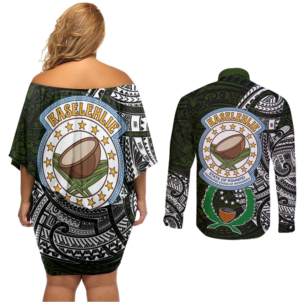 Pohnpei Federated States Of Micronesia Couples Matching Off Shoulder Short Dress and Long Sleeve Button Shirt Polynesian Tribal Heritage Art With Kaselehlie State Seal TS04 - Polynesian Pride
