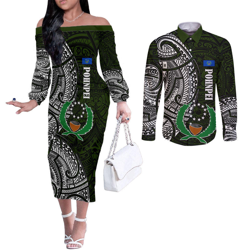 Pohnpei Federated States Of Micronesia Couples Matching Off The Shoulder Long Sleeve Dress and Long Sleeve Button Shirt Polynesian Tribal Heritage Art With Kaselehlie State Seal TS04 Green White - Polynesian Pride