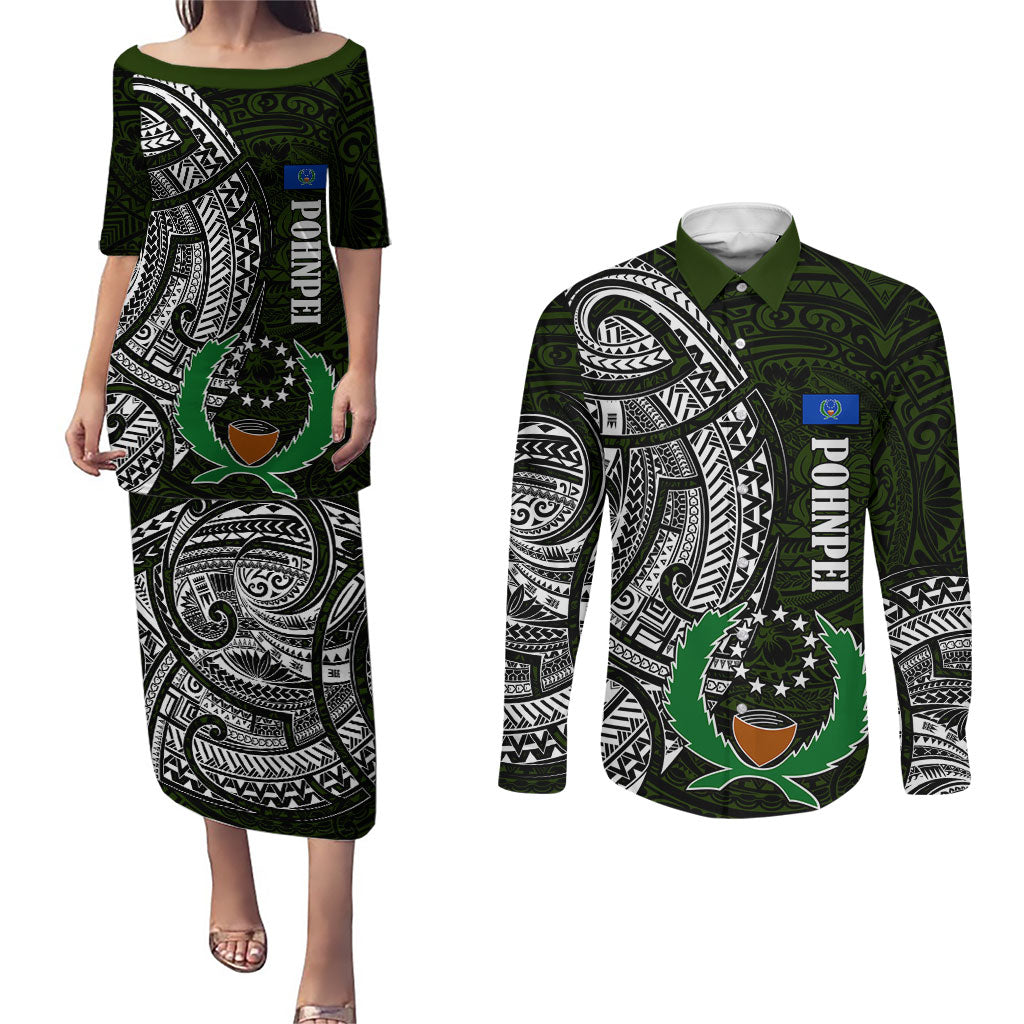 Pohnpei Federated States Of Micronesia Couples Matching Puletasi and Long Sleeve Button Shirt Polynesian Tribal Heritage Art With Kaselehlie State Seal TS04 Green White - Polynesian Pride