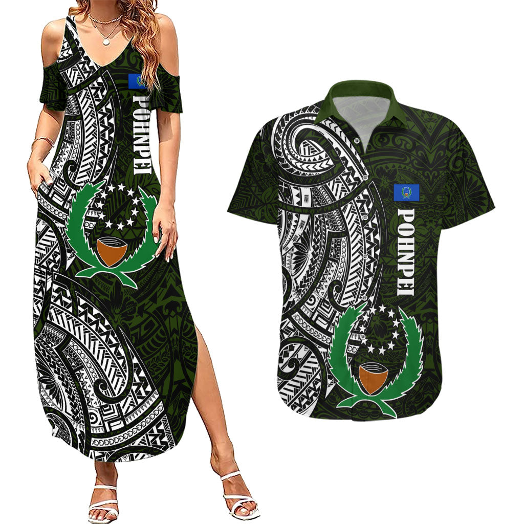 Pohnpei Federated States Of Micronesia Couples Matching Summer Maxi Dress and Hawaiian Shirt Polynesian Tribal Heritage Art With Kaselehlie State Seal TS04 Green White - Polynesian Pride