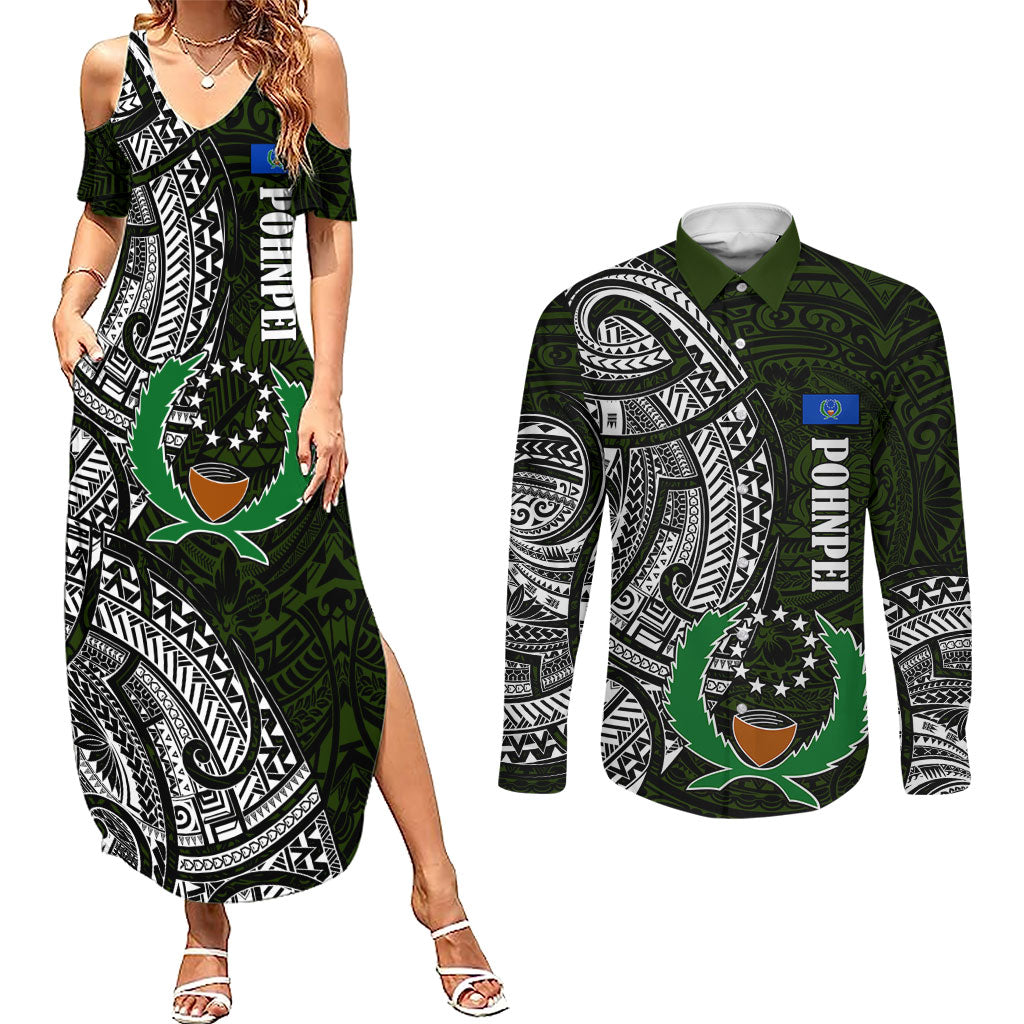 Pohnpei Federated States Of Micronesia Couples Matching Summer Maxi Dress and Long Sleeve Button Shirt Polynesian Tribal Heritage Art With Kaselehlie State Seal TS04 Green White - Polynesian Pride