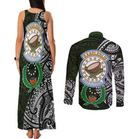 Pohnpei Federated States Of Micronesia Couples Matching Tank Maxi Dress and Long Sleeve Button Shirt Polynesian Tribal Heritage Art With Kaselehlie State Seal