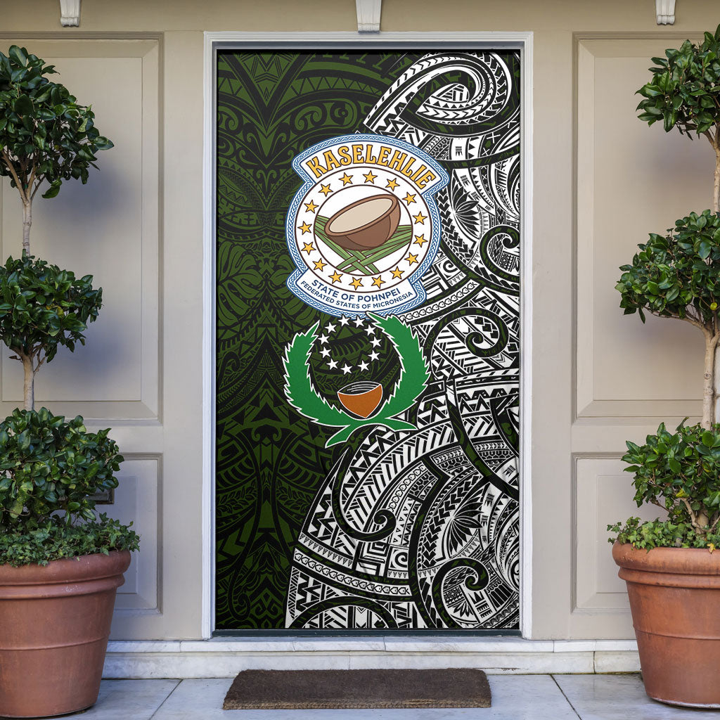 Pohnpei Federated States Of Micronesia Door Cover Polynesian Tribal Heritage Art With Kaselehlie State Seal TS04 Green White - Polynesian Pride