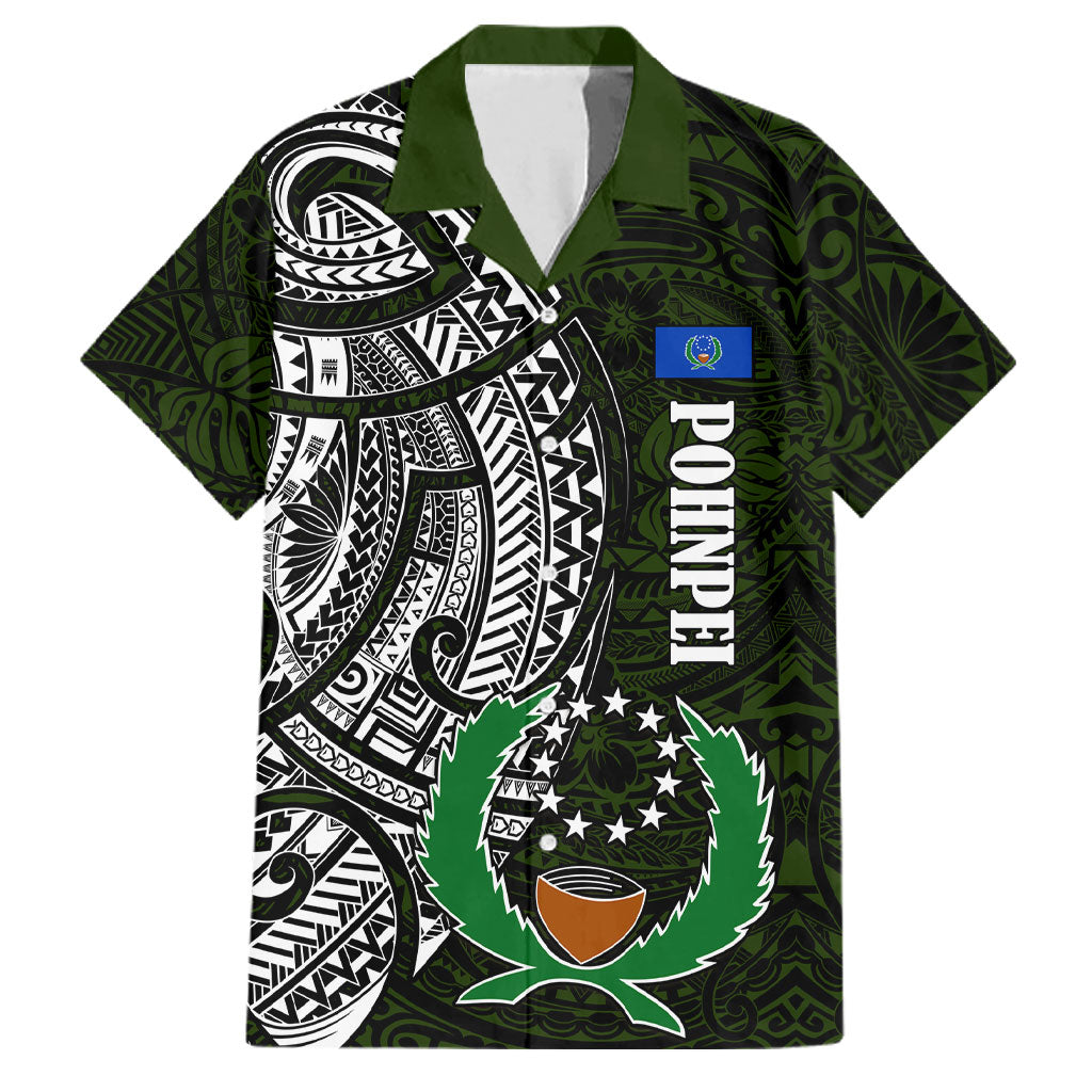 Pohnpei Federated States Of Micronesia Family Matching Long Sleeve Bodycon Dress and Hawaiian Shirt Polynesian Tribal Heritage Art With Kaselehlie State Seal TS04 Dad's Shirt - Short Sleeve Green White - Polynesian Pride