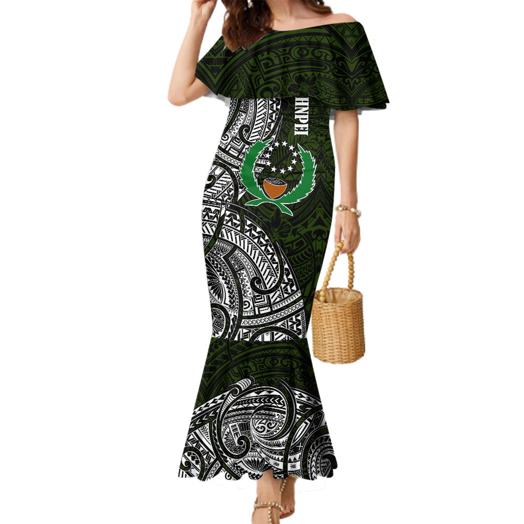Pohnpei Federated States Of Micronesia Family Matching Mermaid Dress and Hawaiian Shirt Polynesian Tribal Heritage Art With Kaselehlie State Seal TS04 Mom's Dress Green White - Polynesian Pride