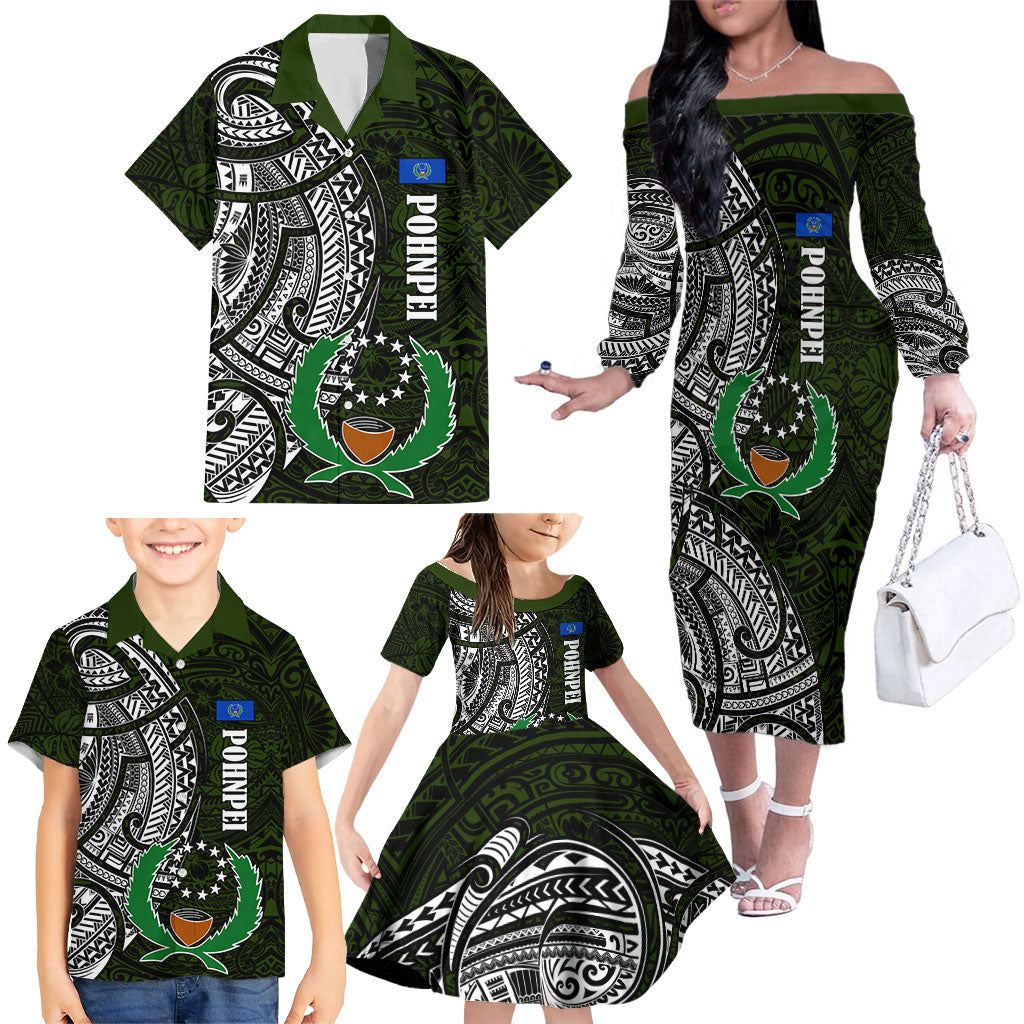 Pohnpei Federated States Of Micronesia Family Matching Off The Shoulder Long Sleeve Dress and Hawaiian Shirt Polynesian Tribal Heritage Art With Kaselehlie State Seal TS04 - Polynesian Pride