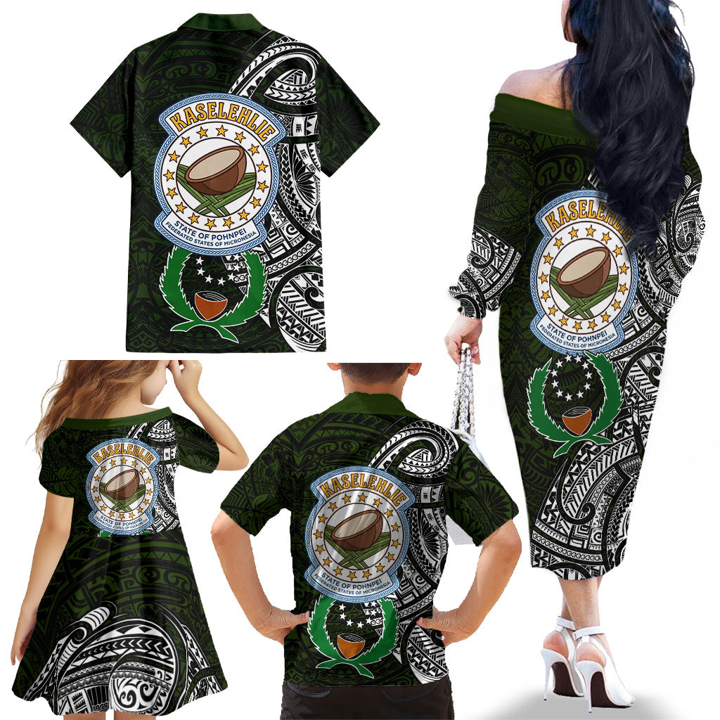 Pohnpei Federated States Of Micronesia Family Matching Off The Shoulder Long Sleeve Dress and Hawaiian Shirt Polynesian Tribal Heritage Art With Kaselehlie State Seal TS04 - Polynesian Pride