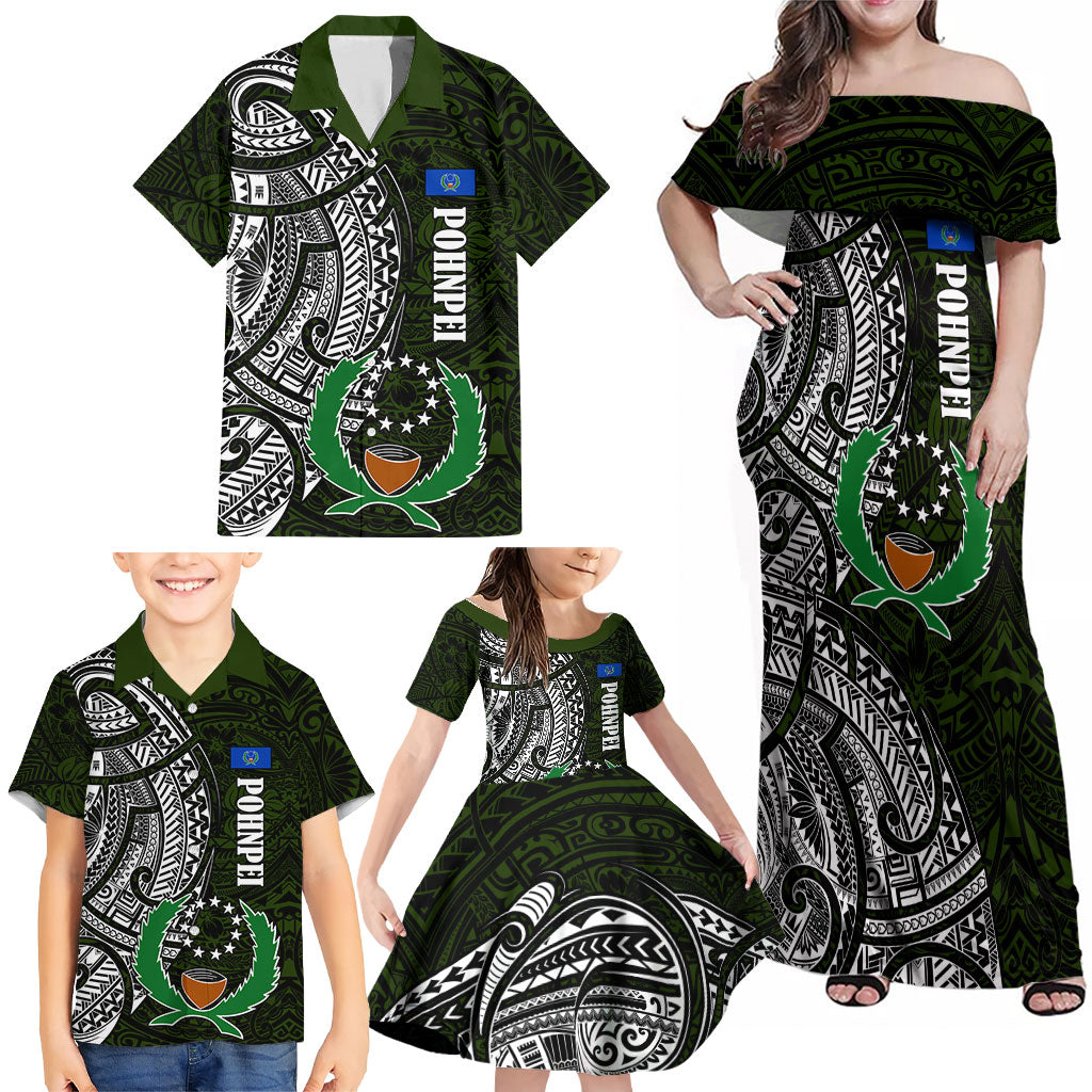 Pohnpei Federated States Of Micronesia Family Matching Off Shoulder Maxi Dress and Hawaiian Shirt Polynesian Tribal Heritage Art With Kaselehlie State Seal