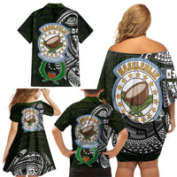 Pohnpei Federated States Of Micronesia Family Matching Off Shoulder Short Dress and Hawaiian Shirt Polynesian Tribal Heritage Art With Kaselehlie State Seal